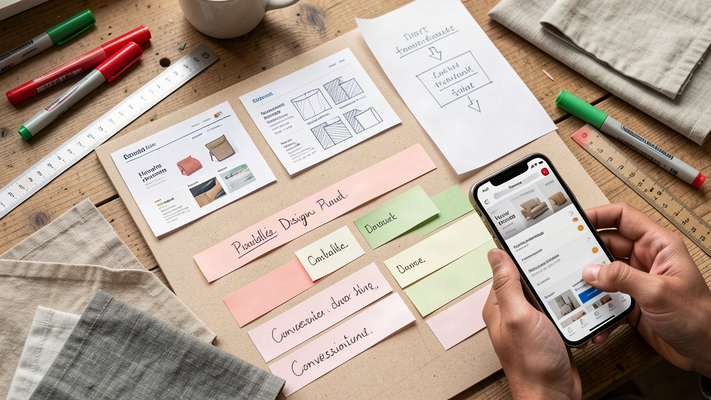 Table de priorisation design avec cartes produits et étapes de parcours client