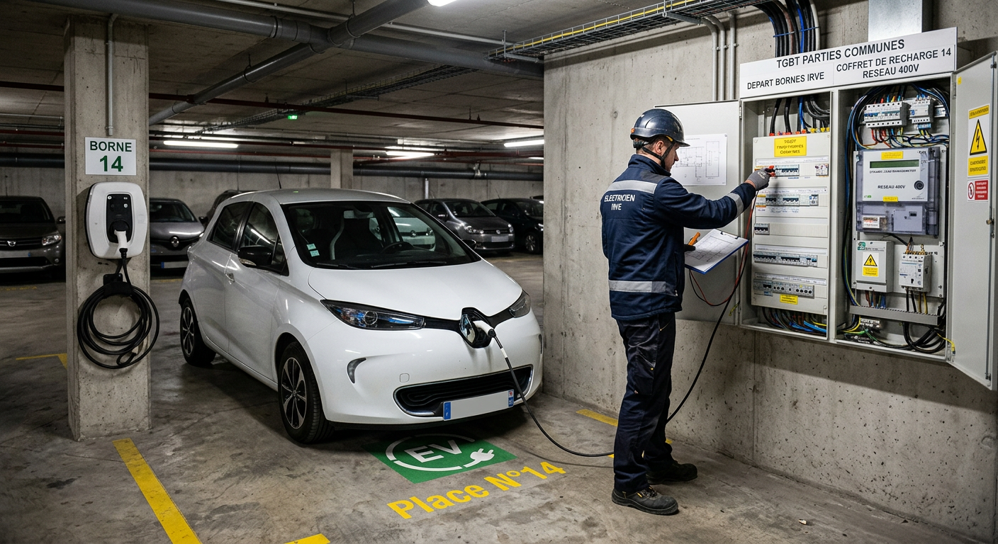 Borne de recharge électrique installée en parking sous-terrain collectif avec électricien certifié IRVE vérifiant l'installation
