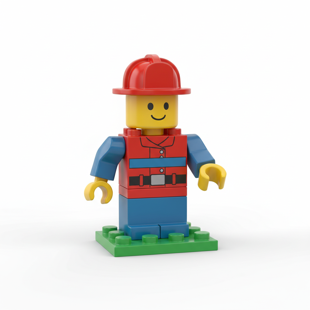 Minifigurină din cărămizi de construcție colorate, stil pompier, generată cu AI