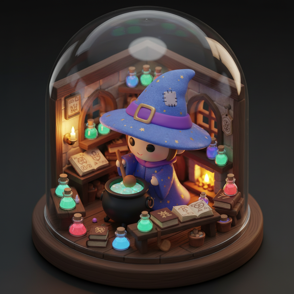 Personaj chibi 3D, vrăjitor, într-o diorama miniaturală, generat cu AI