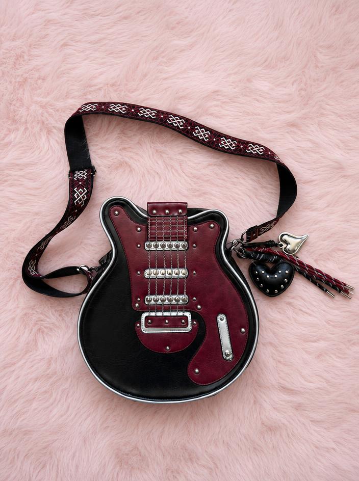 Guitar-Shaped Crossbody Bag Black & Burgundy Studded Strap