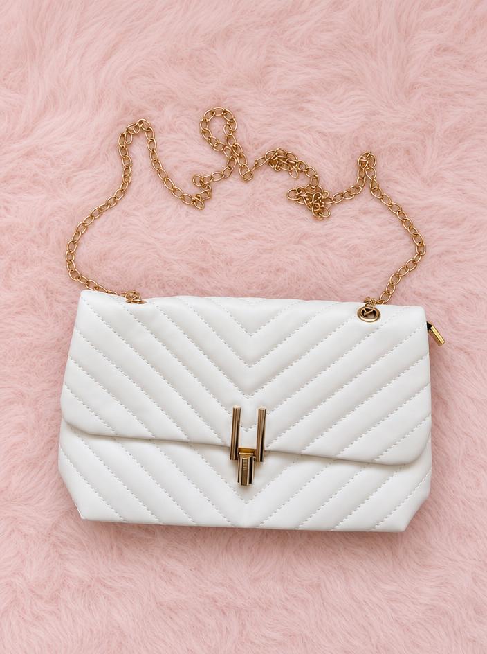 White Quilted Chain Shoulder Bag with Gold Hardware