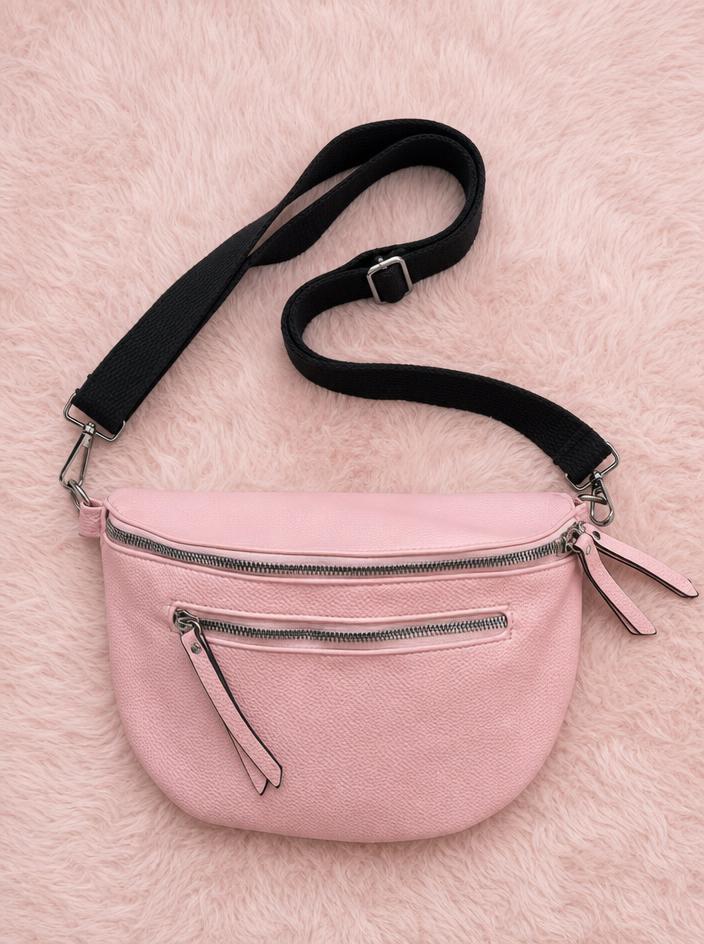 Blush Pink Faux Leather Crossbody Bag with Front Zip