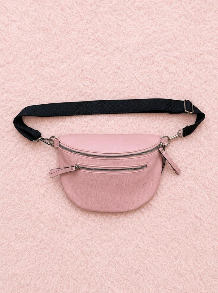Blush Pink Faux Leather Belt Bag with Black Patterned Strap New