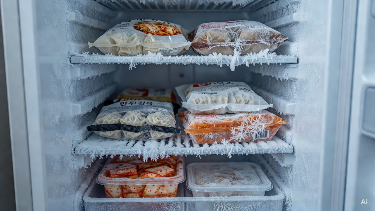 frost-covered freezer interior with ice buildup on walls and shelves