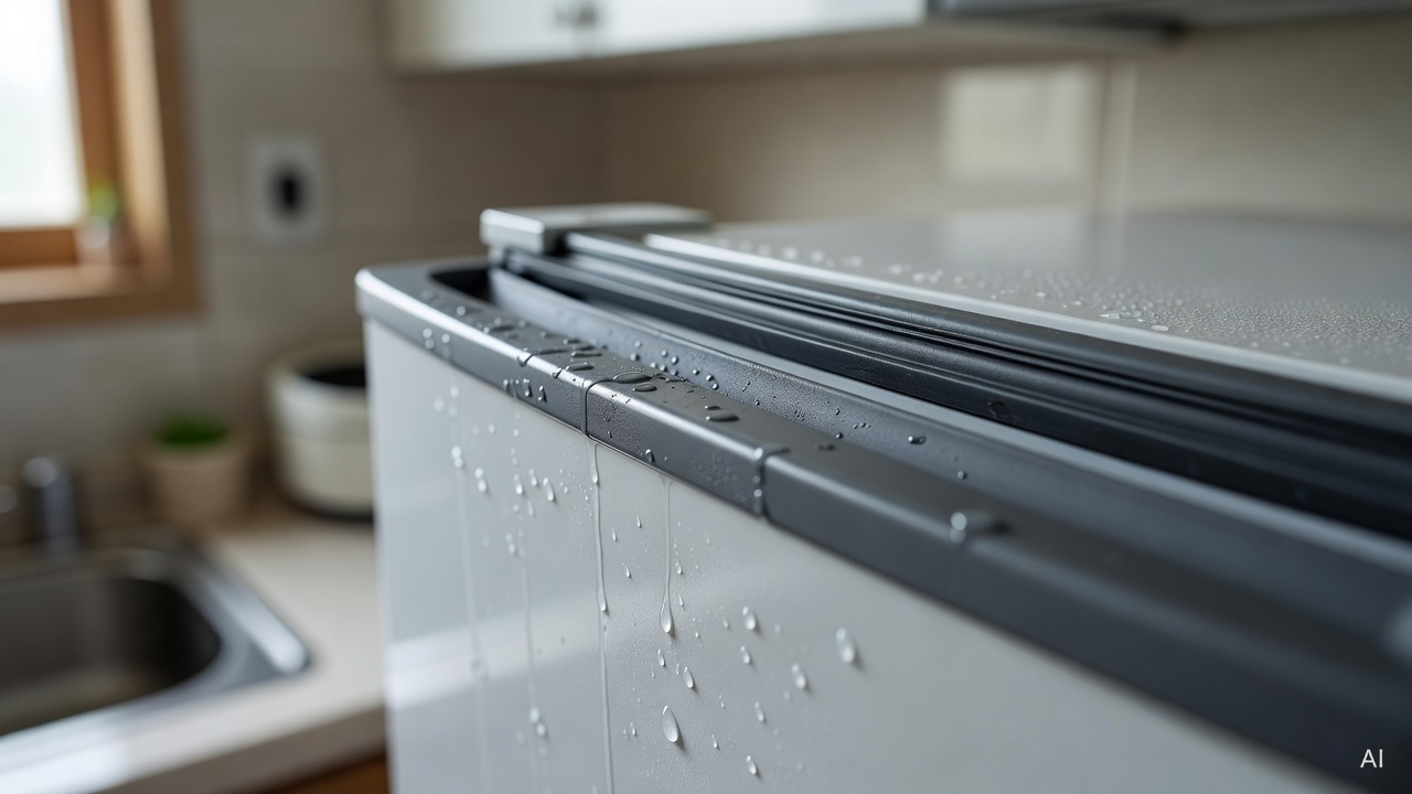 close-up of refrigerator door rubber seal with moisture condensation