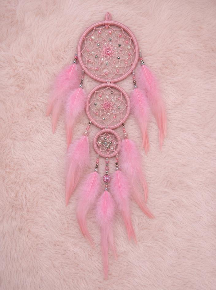 Pink Dreamcatcher with Feathers, Beads & Three-Tier Design