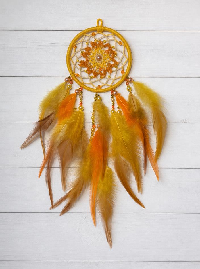 Boho yellow and orange feather dreamcatcher wall decor