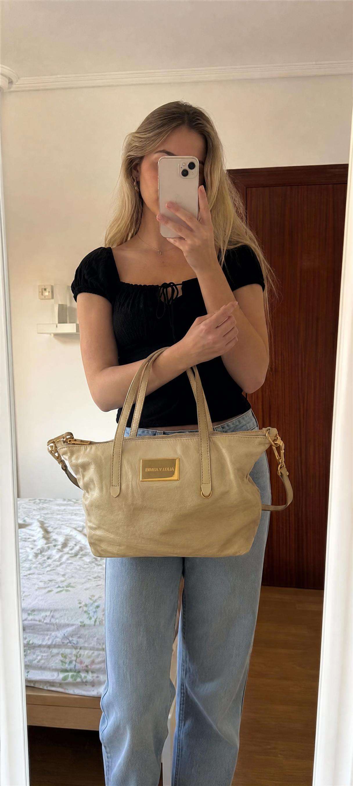 Bimba y Lola Cream Leather Tote Bag with Shoulder Strap