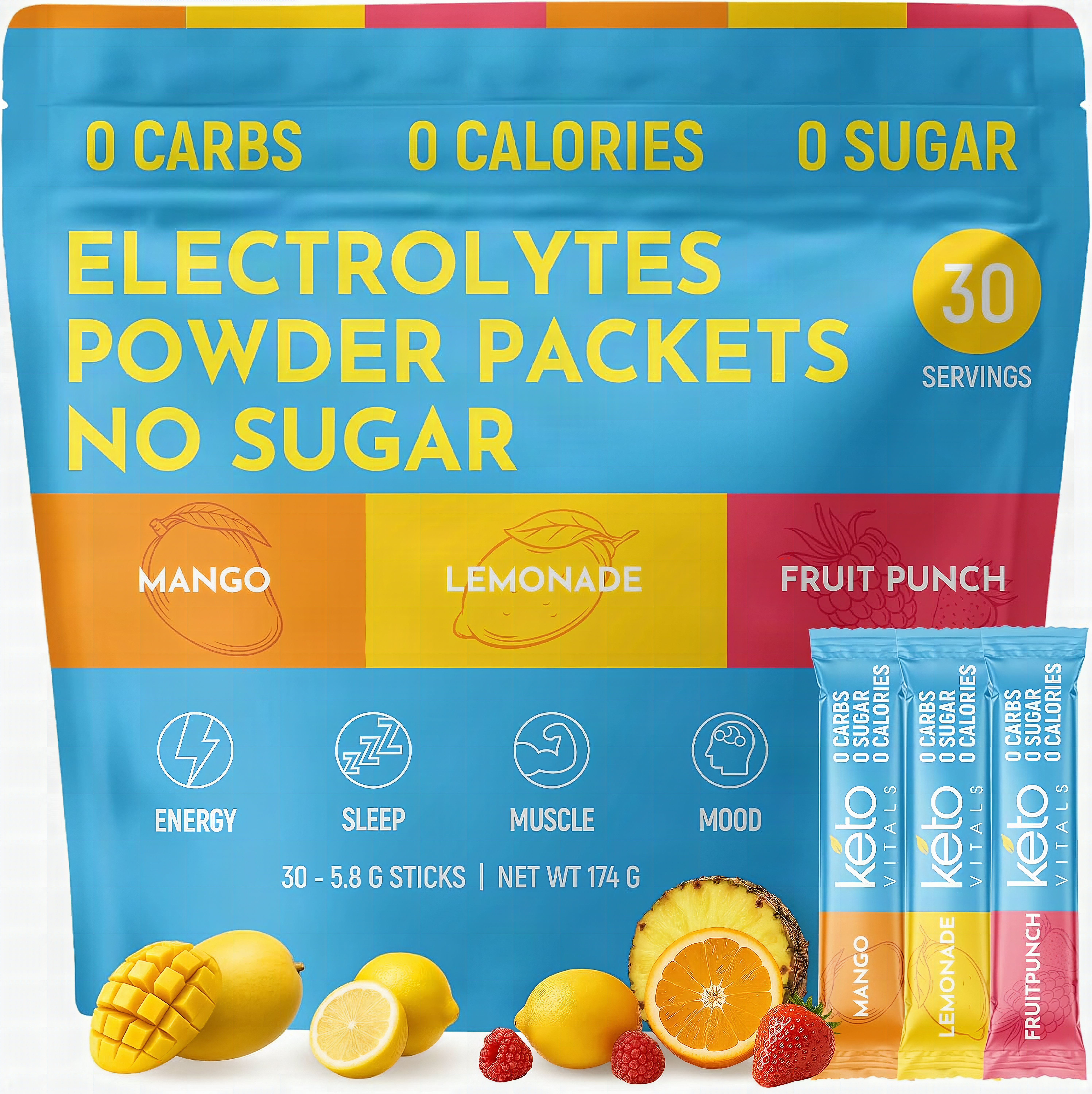 Single electrolyte powder stick packet shown in extreme close-up with visible powder crystals inside
