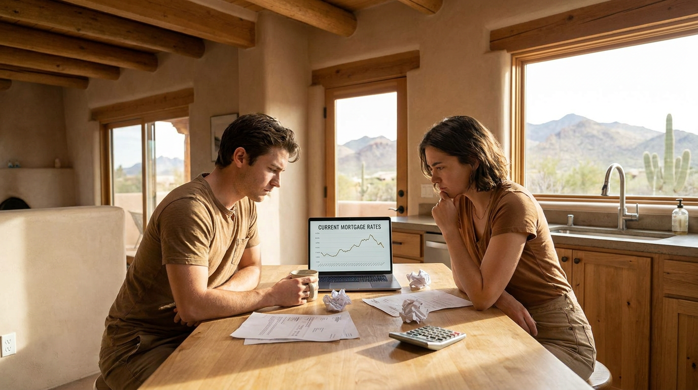 Young couple in their 30s sitting at a kitchen table in a Southwest-style home, laptop open to a mor