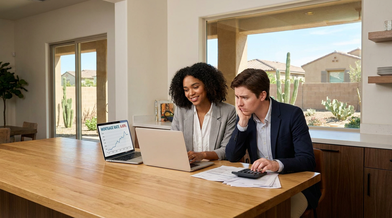 Young couple sitting at a kitchen table in a bright Southwestern home, laptop open to a mortgage rat