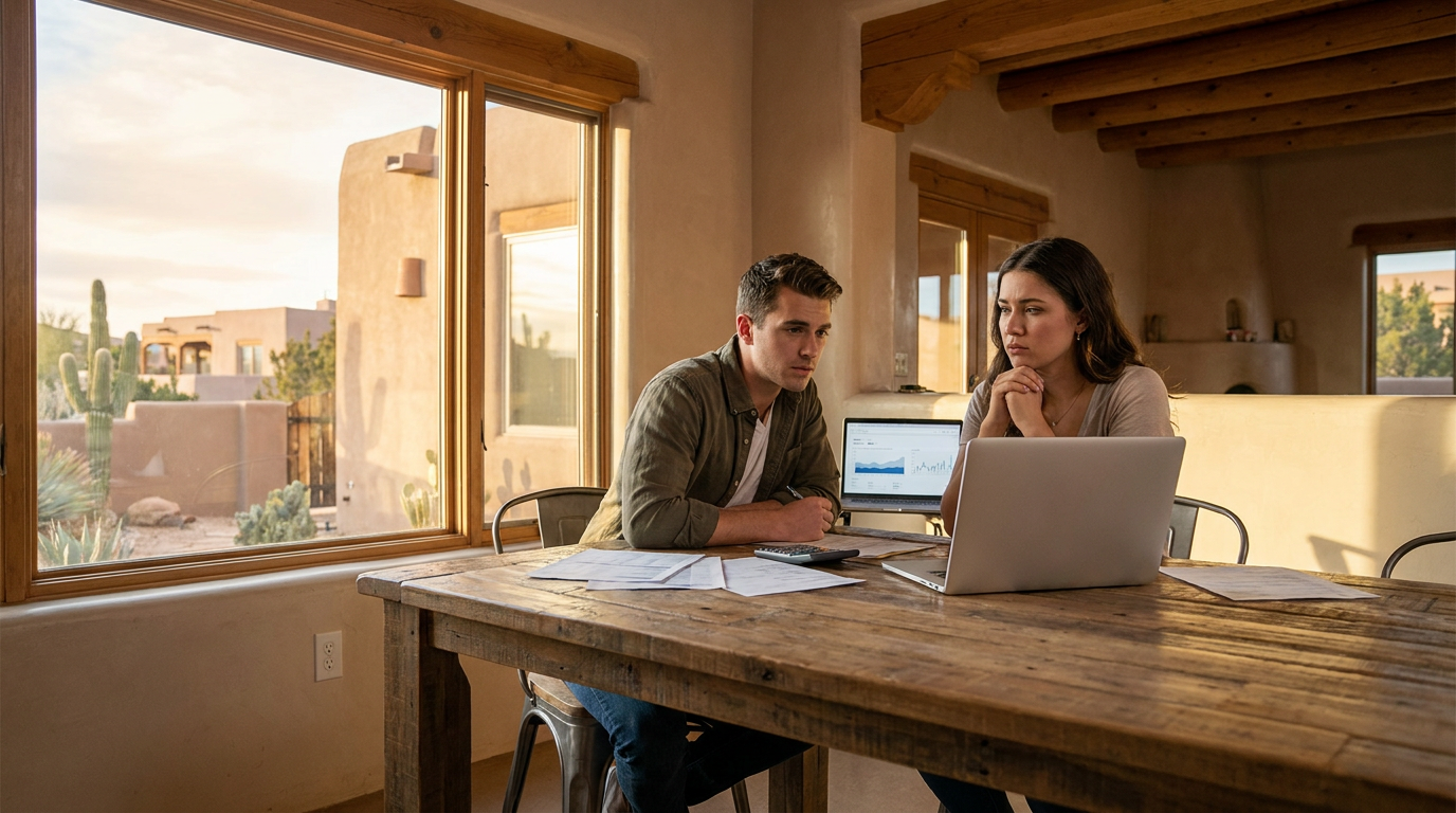Young couple sitting at a kitchen table in a Southwestern-style home, laptop open to mortgage rate c
