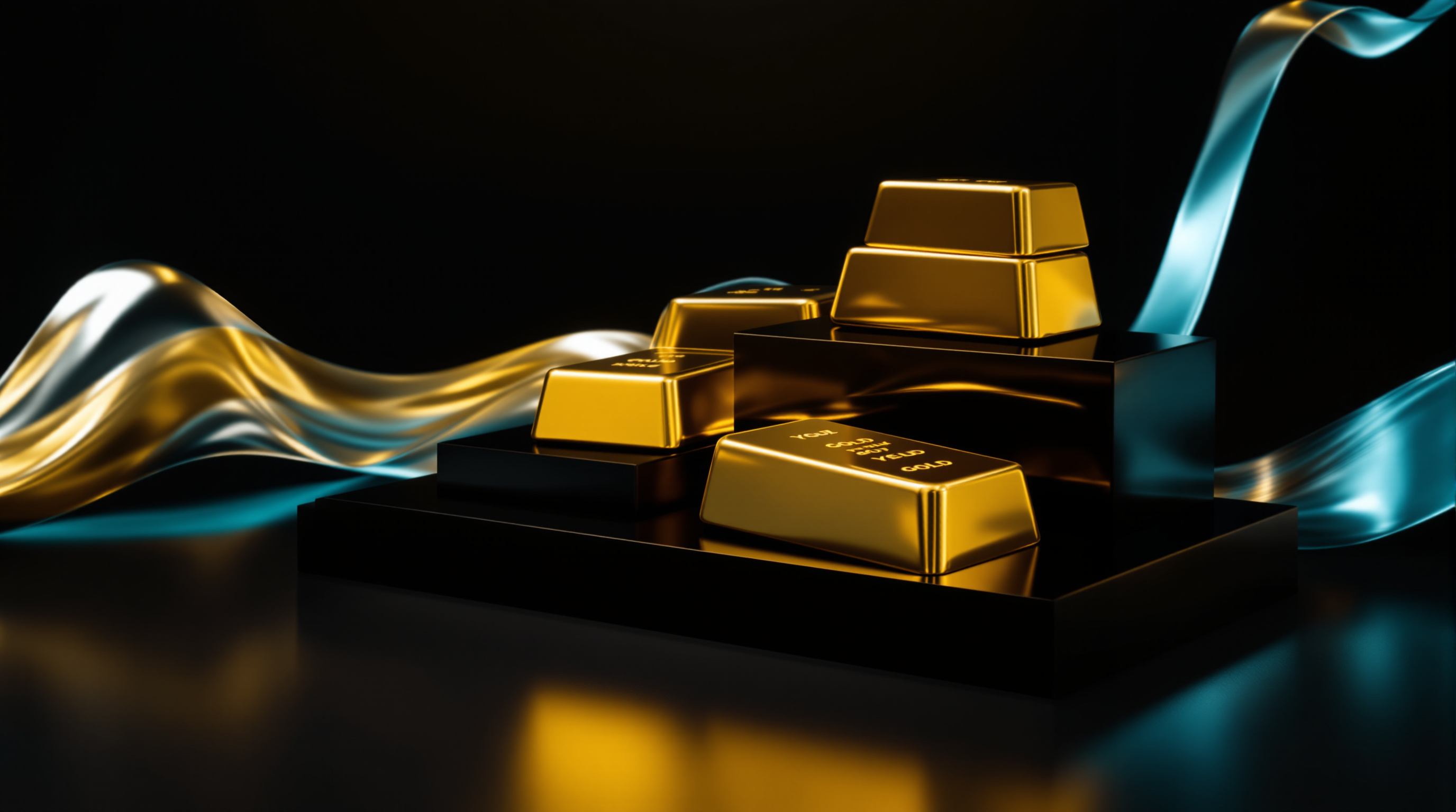 Three polished gold bullion bars arranged ascending on a glossy black plinth; a sinuous silver-blue metallic ribbon curling away beneath them and a lo — editorial cover artwork for the Knightron story on Equities Edge Higher, Gold Surges 1.95% As Yields Retreat