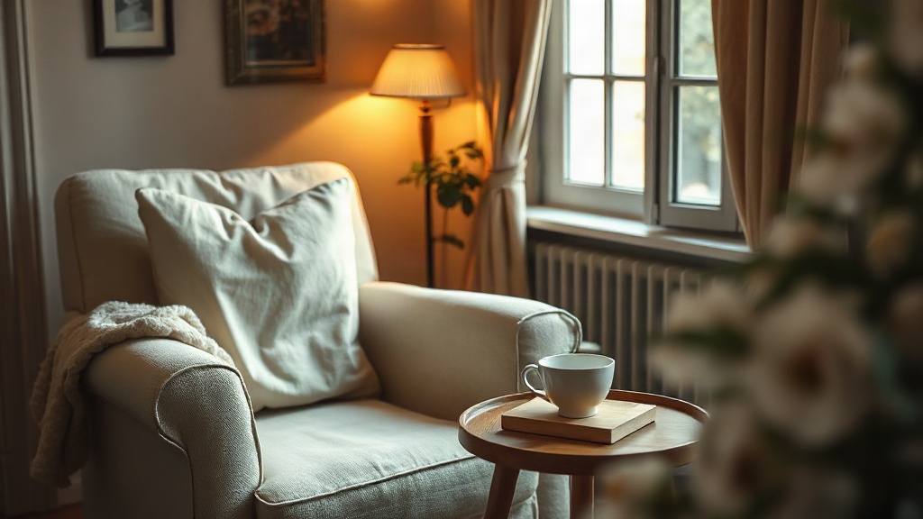 Coin lecture cosy avec fauteuil en lin, lampe de sol et tasse de thé sur table en bois