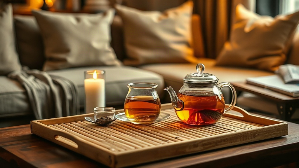 Plateau à thé en bambou avec théière en verre et bougie sur table basse de salon