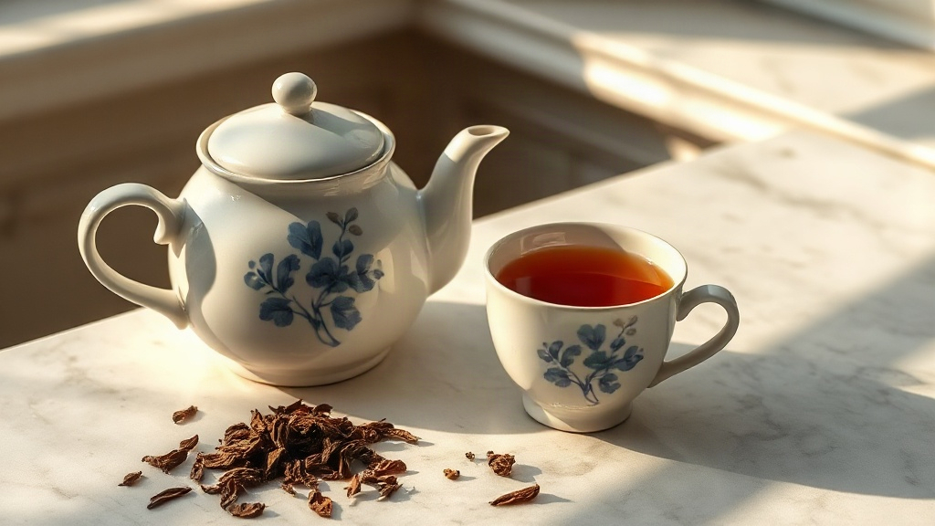 Théière en porcelaine blanche avec motif floral et tasse de thé oolong ambrée sur marbre