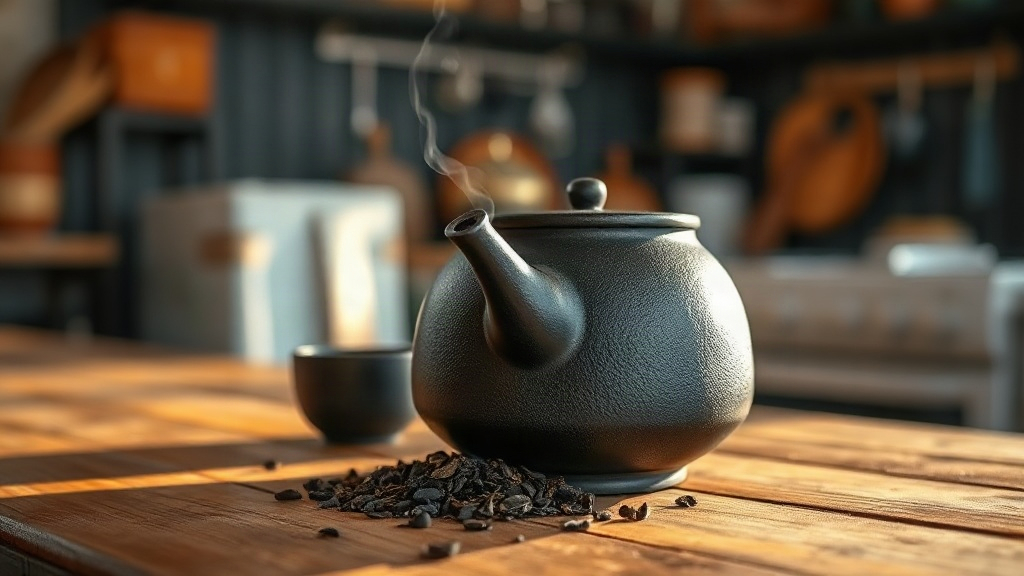 Théière en fonte japonaise avec vapeur s'échappant du bec verseur, feuilles de thé noir autour