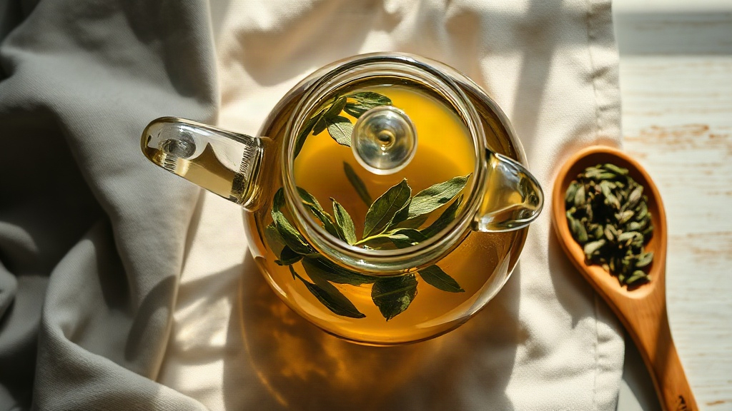 Théière en verre avec thé vert infusé, feuilles visibles à travers le verre, vue de dessus