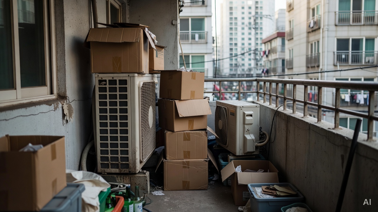 cluttered apartment balcony with boxes stacked near outdoor AC unit, showing restricted airflow space