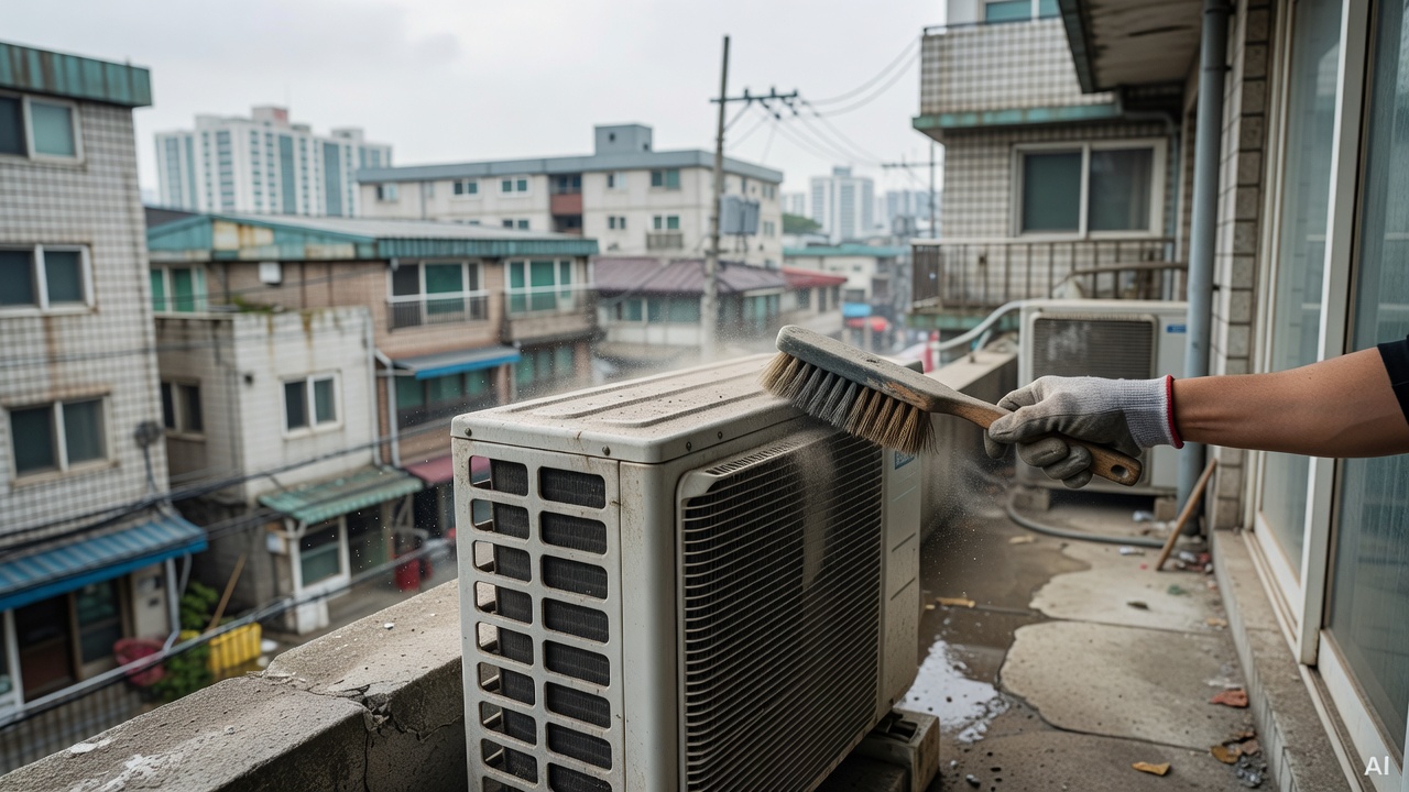 outdoor air conditioner unit with dusty fins being cleaned with a brush, placed on an apartment balcony