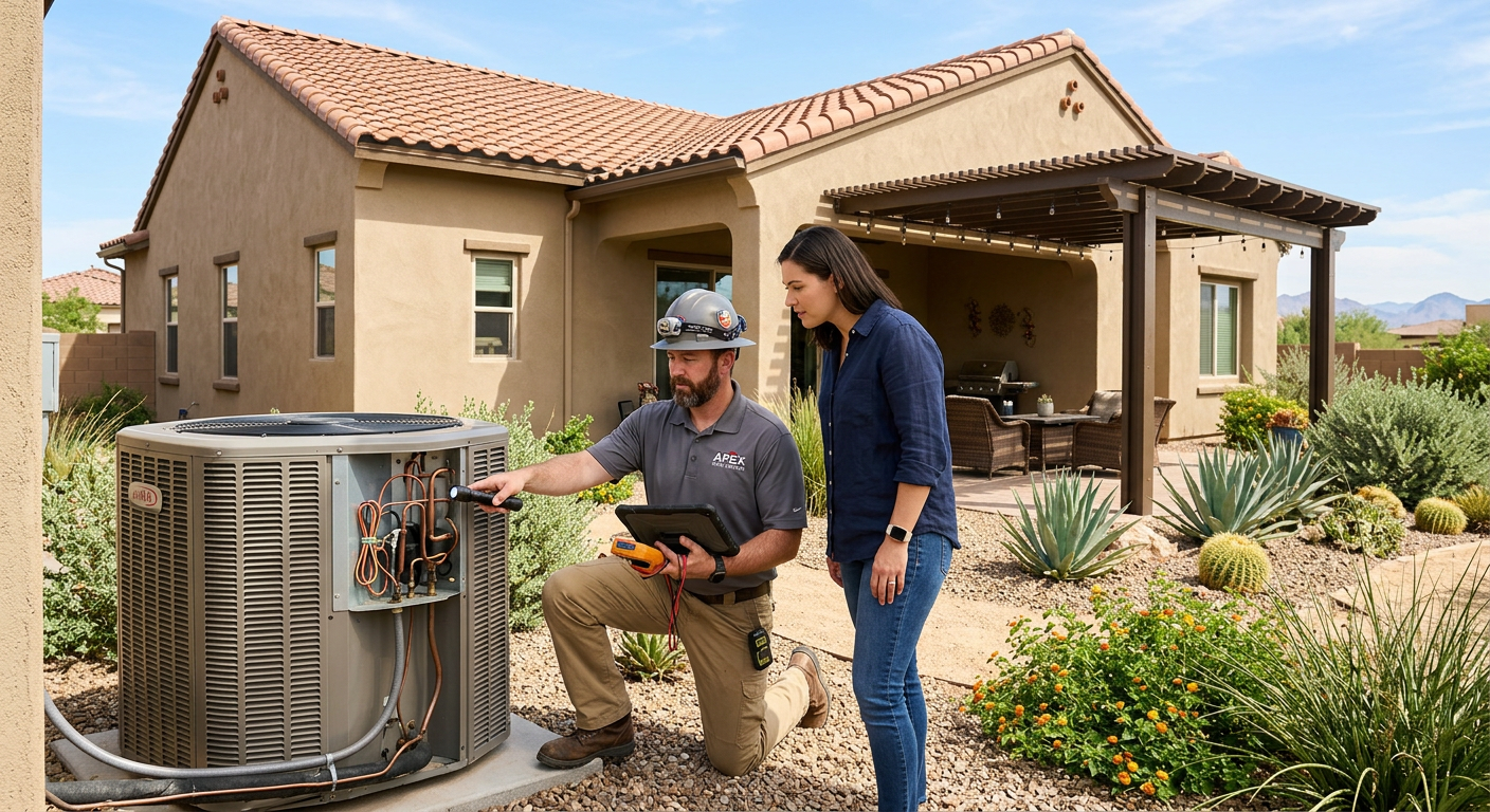 Photorealistic wide-angle view of a Phoenix homeowner and inspector examining an outdoor HVAC unit, shaded patio, desert l...