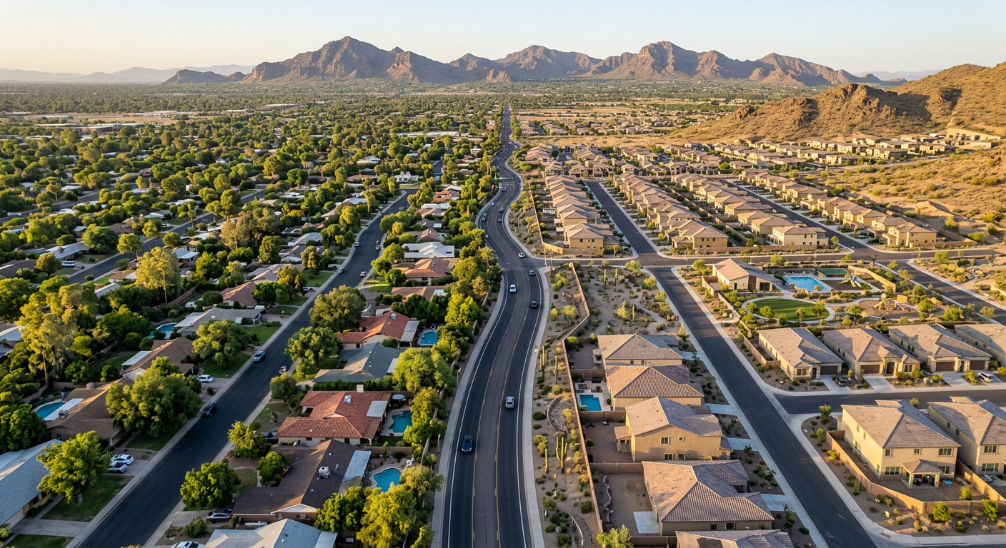 Photorealistic aerial neighborhood comparison in Metro Phoenix, showing an established tree-lined central neighborhood on ...
