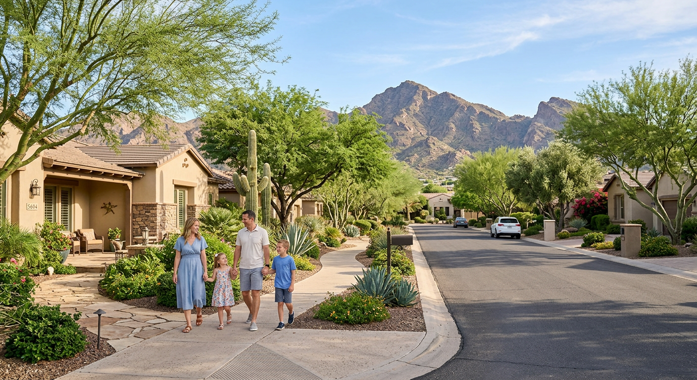 Photorealistic street-level view of well-maintained homes in a desirable Phoenix neighborhood, mature desert trees, mounta...