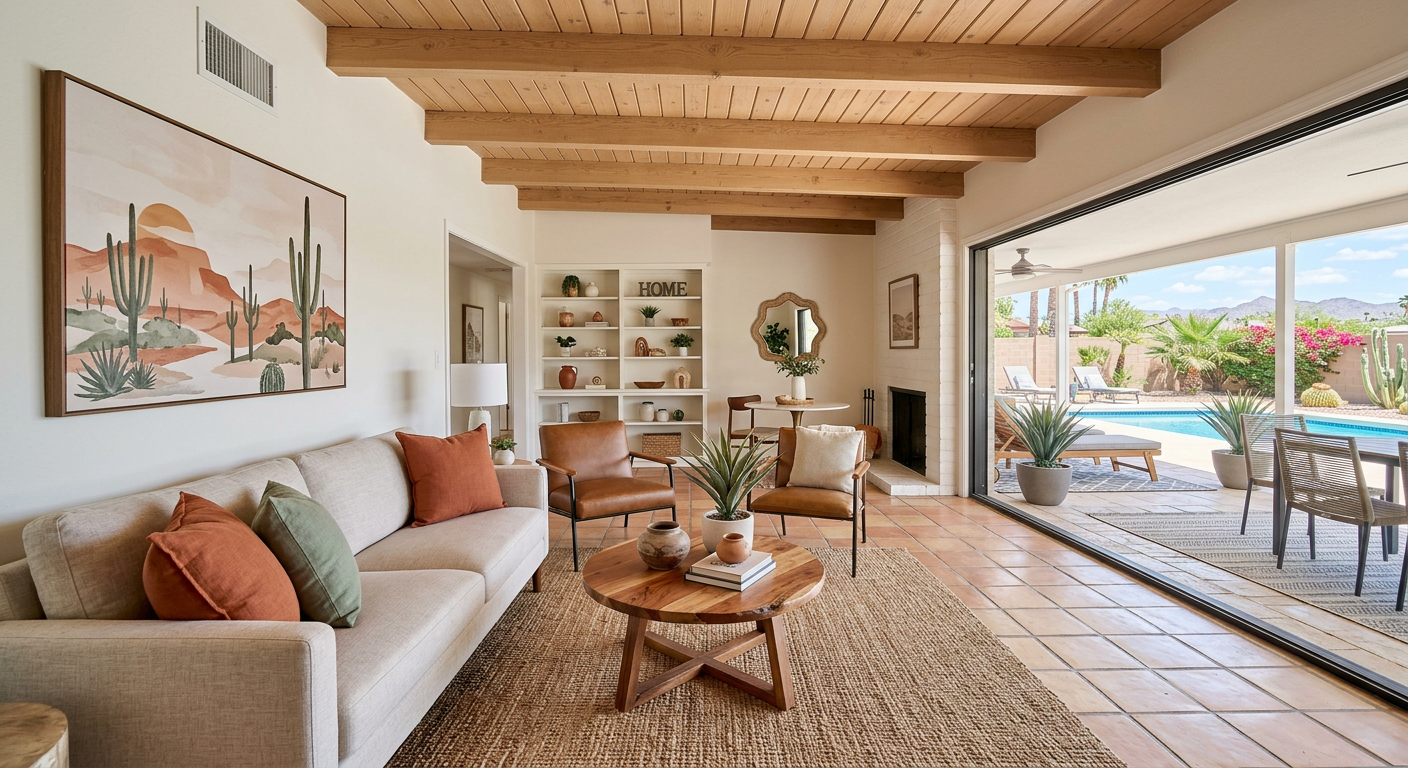 Sell My House Fast Phoenix: A Smart Plan to Close With Confidence Photorealistic wide-angle interior of a bright, staged Phoenix living room with clean lines, natural wood, desert-inspired...