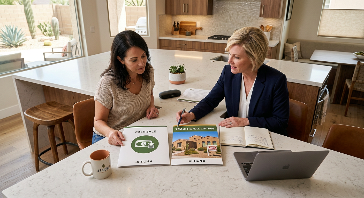 Sell My House Fast Phoenix: A Smart Plan to Close With Confidence Photorealistic overhead view of a Phoenix homeowner and real estate advisor reviewing two clear sale-path folders at a kit...