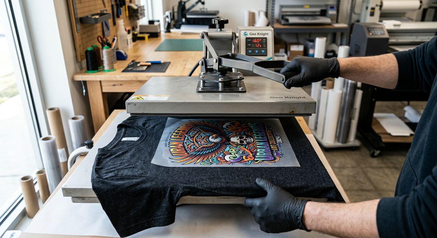 Photorealistic overhead view of a heat press applying a detailed multicolor DTF design to a heather-black T-shirt, transfe...