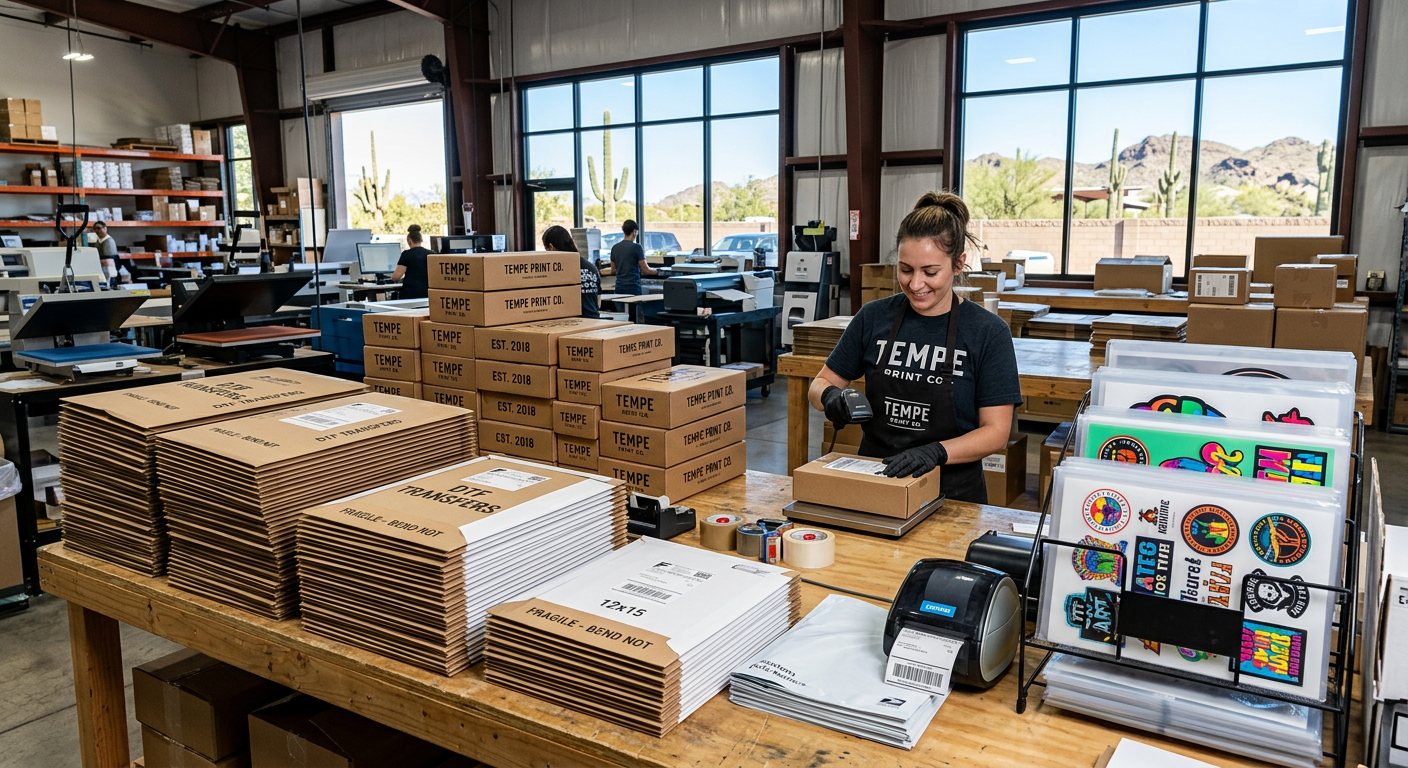 Photorealistic shipping station in a Tempe print shop with stacks of flat DTF transfer mailers, branded apparel boxes, col...