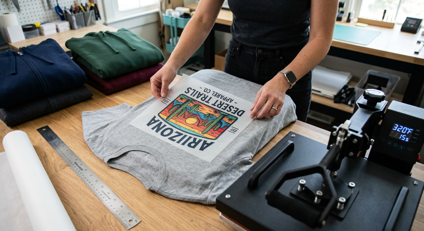 Photorealistic overhead close-up of a print maker checking a colorful DTF transfer before pressing it onto a heather-gray ...