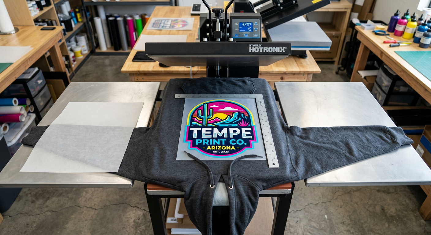 Photorealistic overhead view of a custom hoodie spread across a professional heat press with a pressing pillow inside the ...