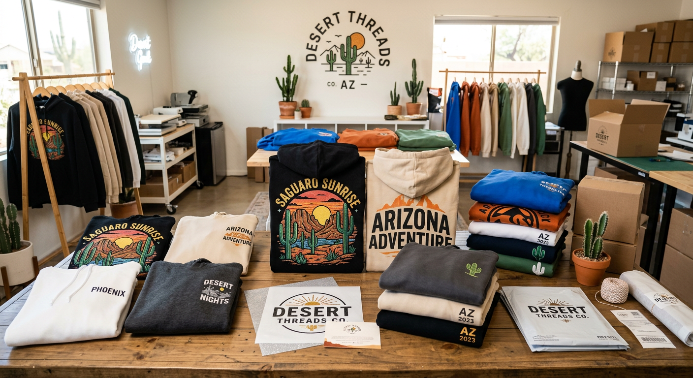 Photorealistic finished custom hoodie collection displayed in a modern Arizona apparel studio, featuring bold full-front g...