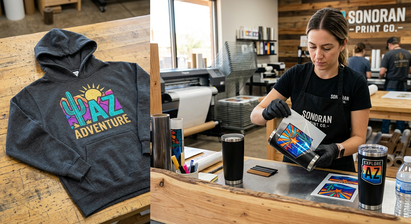Photorealistic split product scene in a premium Arizona print shop, showing a sparkling glitter DTF graphic on a youth hoo...