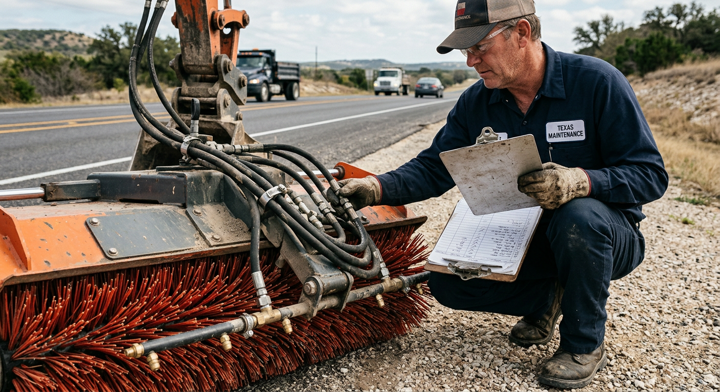 Photorealistic close-up of an unbranded heavy civil maintenance setup beside a paved Texas roadway, with a mechanic checki...