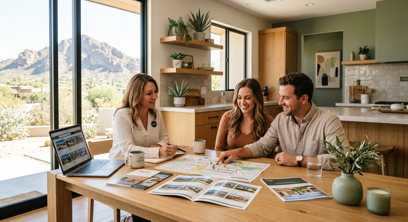 Photorealistic scene of a Phoenix couple reviewing home listings and neighborhood maps with a local real estate advisor at...