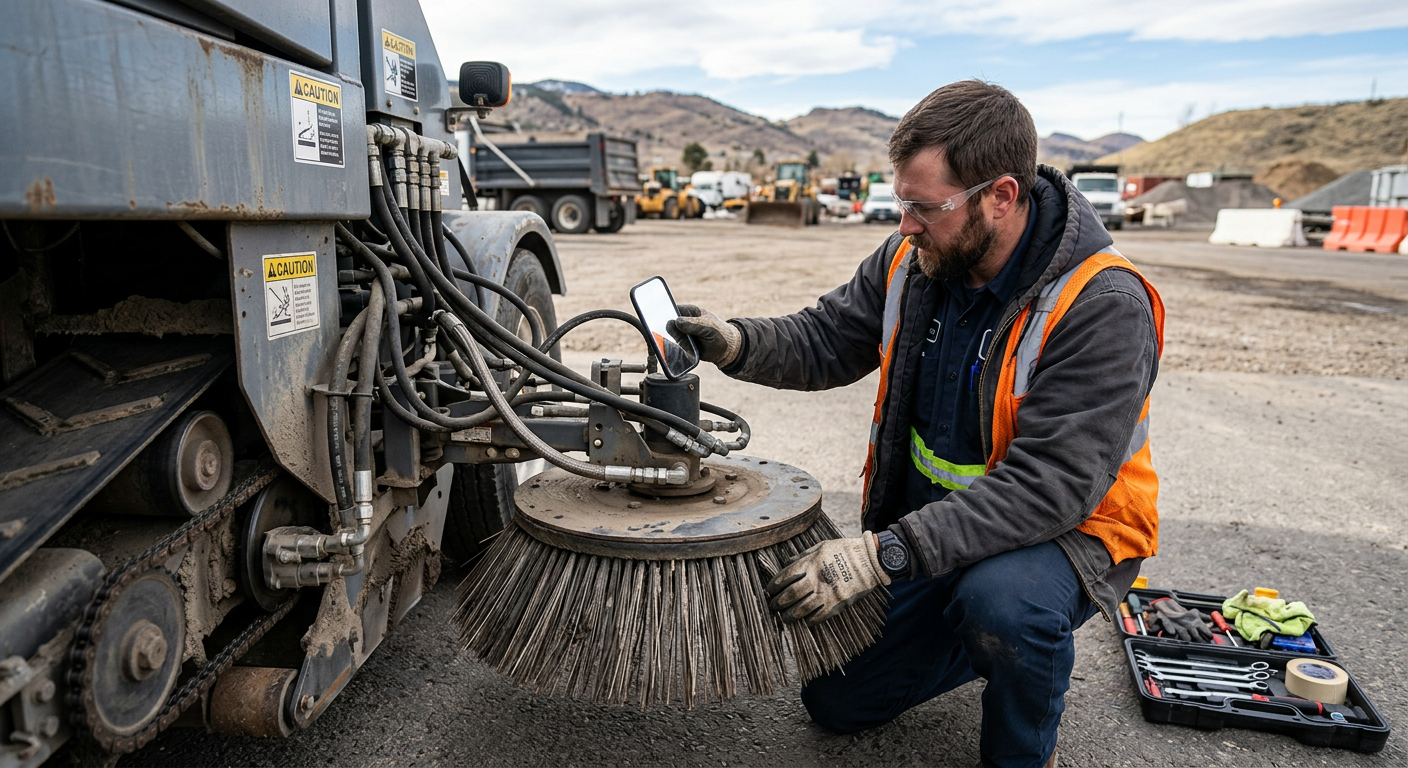 Photorealistic close-up of an unbranded road-sweeping maintenance technician performing a pre-shift inspection on hydrauli...