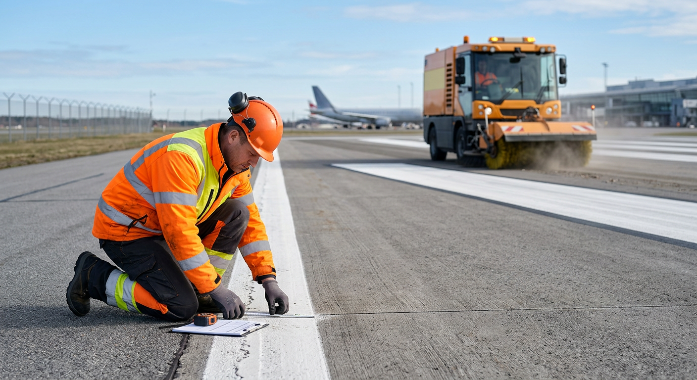 Photorealistic close-up of unbranded airport maintenance personnel in high-visibility safety apparel inspecting a clean ru...