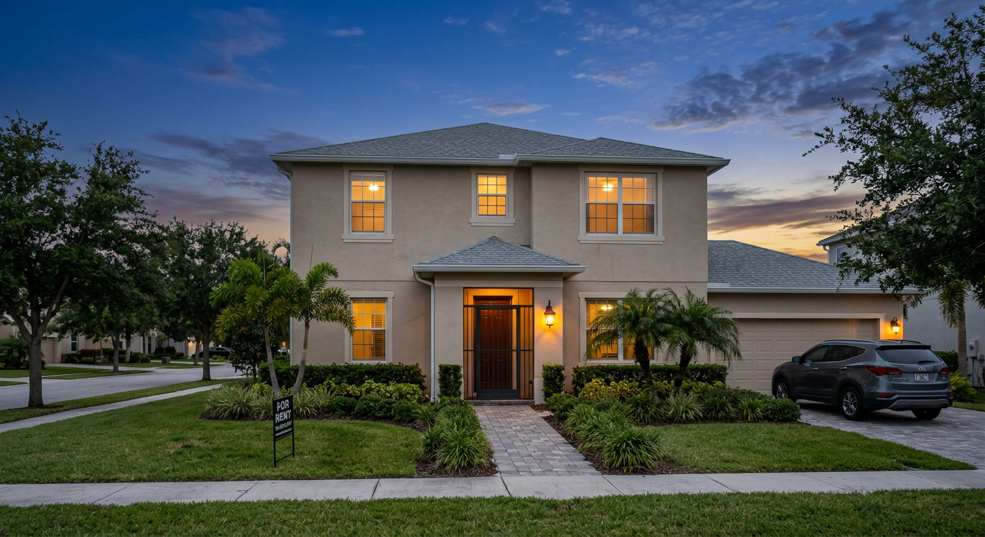 Photorealistic exterior twilight view of a move-in-ready Port Saint Lucie rental home with landscaped walkway, warm interi...