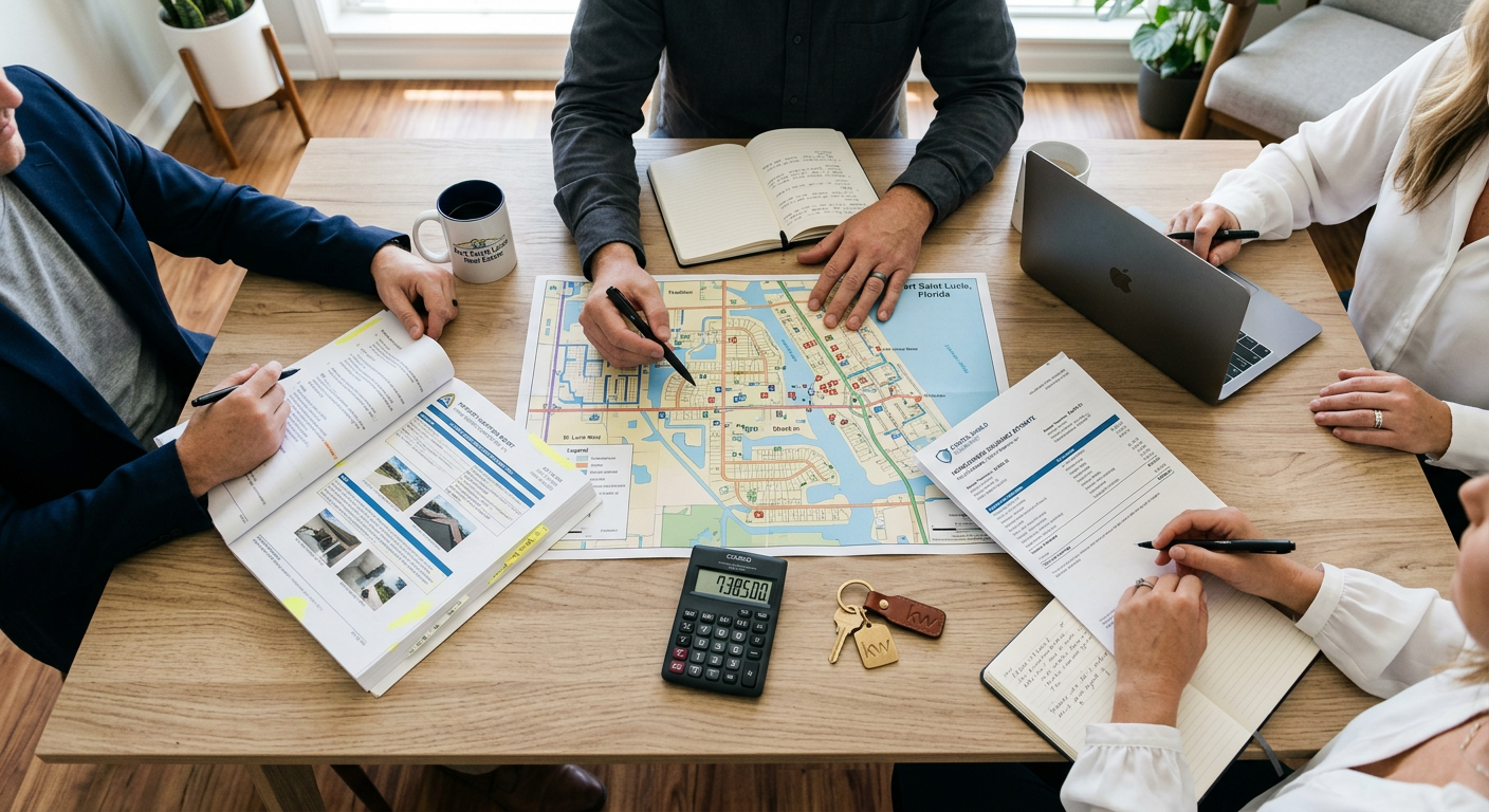 Photorealistic overhead view of a real estate due diligence meeting, showing a Port Saint Lucie neighborhood map, property...