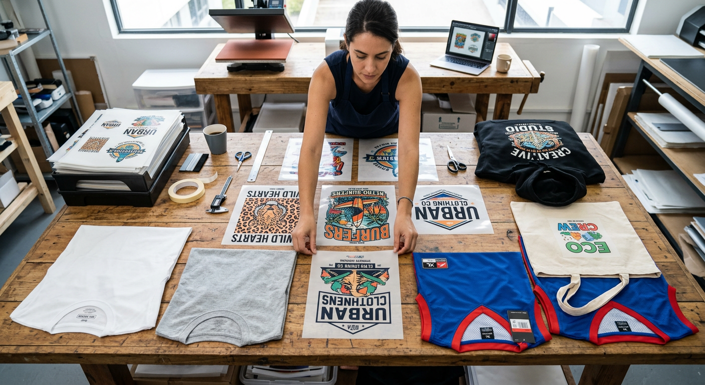 Photorealistic overhead scene of a creator arranging bright, detailed DTF transfer prints beside cotton tees, polyester je...