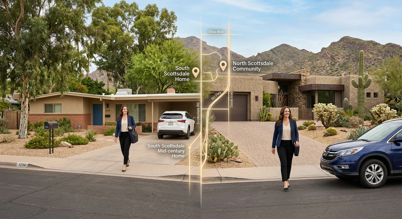 Photorealistic split-scene street-level image showing a professional leaving a South Scottsdale home near mature trees on ...