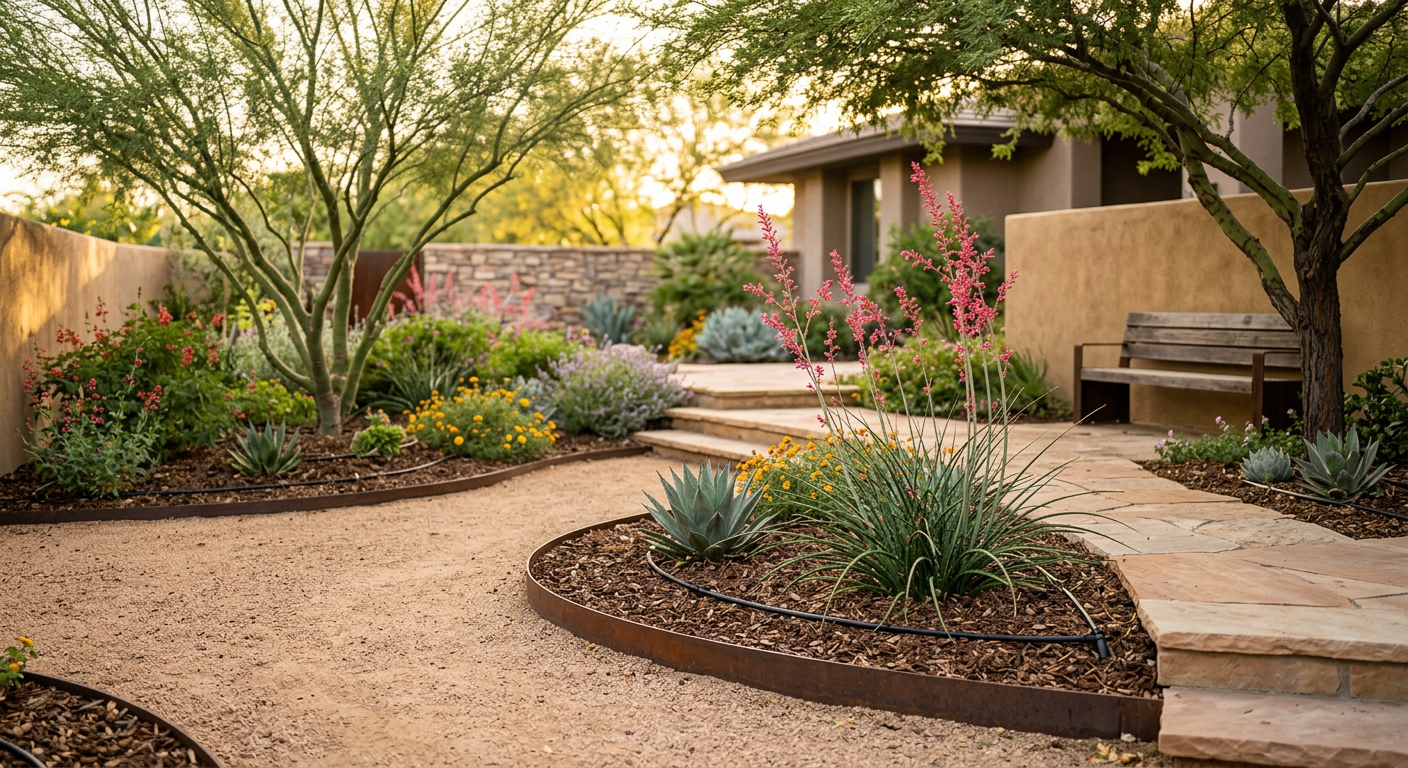 Irrigation Design for Desert Landscape: An Arizona Home Guide | Luxury Landscape Architecture Scottsdale & Phoenix | Waibel & Associates Photorealistic close view of a sophisticated Tempe courtyard landscape with decomposed granite, shade trees, flowering des...