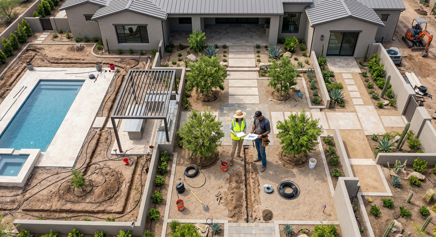 Irrigation Design for Desert Landscape: An Arizona Home Guide | Luxury Landscape Architecture Scottsdale & Phoenix | Waibel & Associates Photorealistic overhead view of a refined Paradise Valley residential landscape plan in progress, showing a landscape arch...