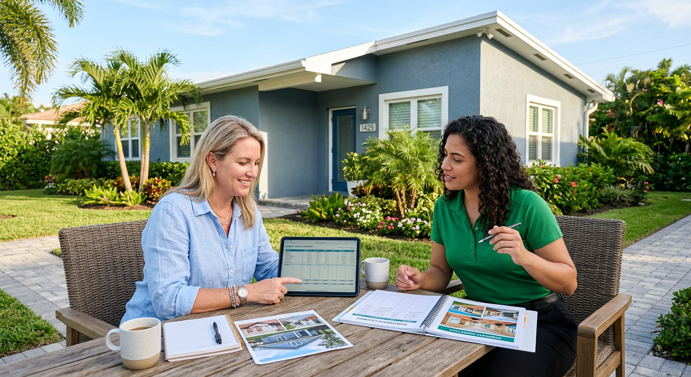 Modern illustrative scene of a property owner and local manager reviewing a simple rental budget, maintenance calendar, an...