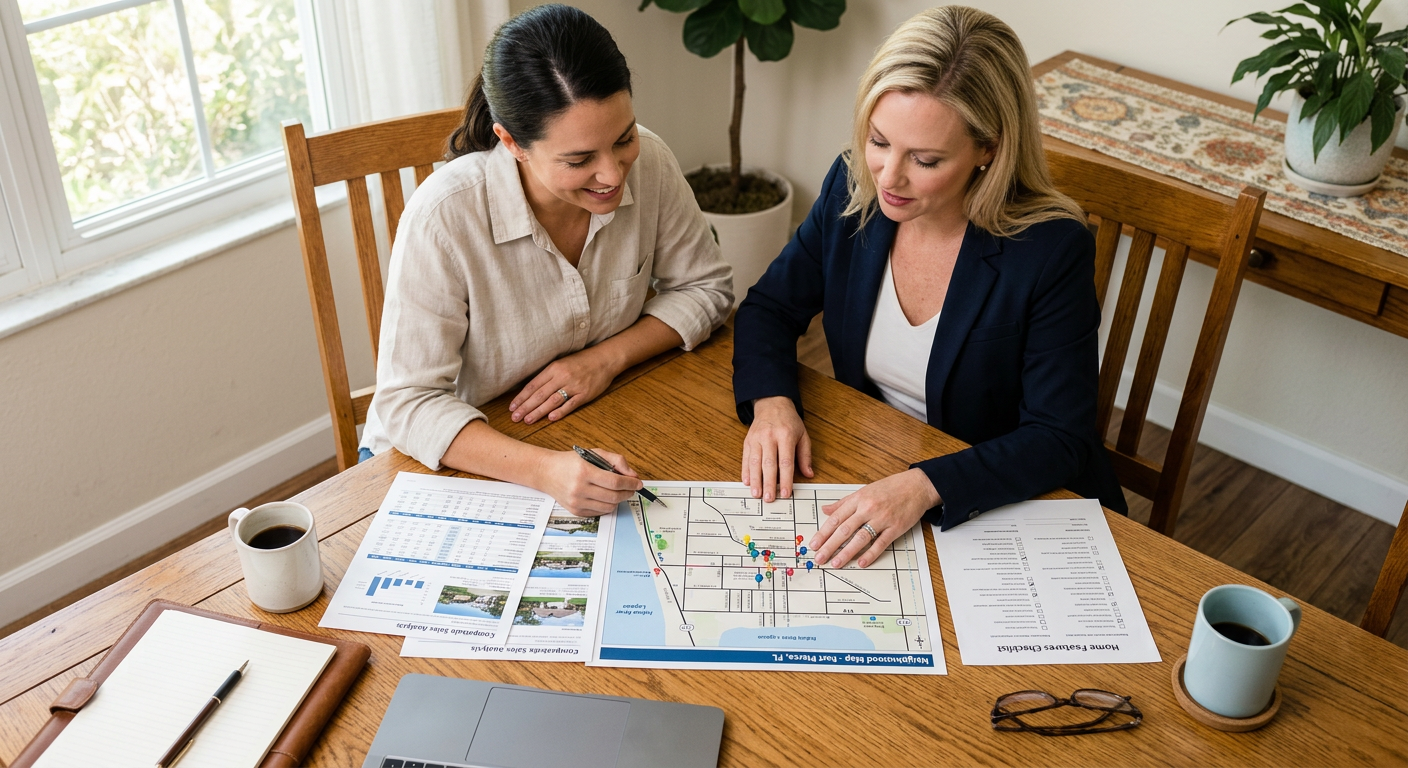 Photorealistic overhead view of a Fort Pierce homeowner and real estate professional reviewing printed comparable sales, n...