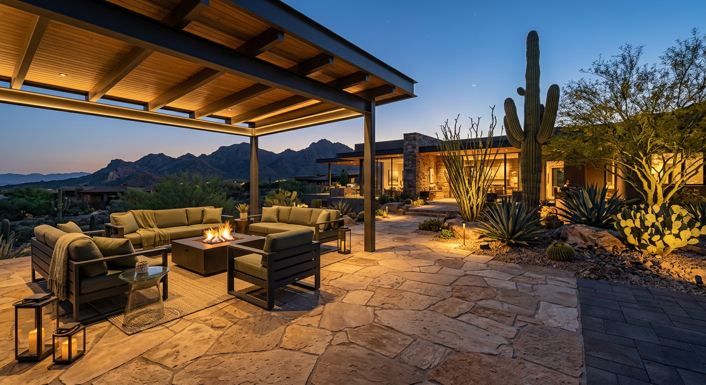 How to Choose Landscape Architect Phoenix for Your Custom Home Project | Luxury Landscape Architecture Scottsdale & Phoenix | Waibel & Associates Photorealistic twilight view of an elegant Phoenix outdoor living space designed for a custom residence, with natural ston...