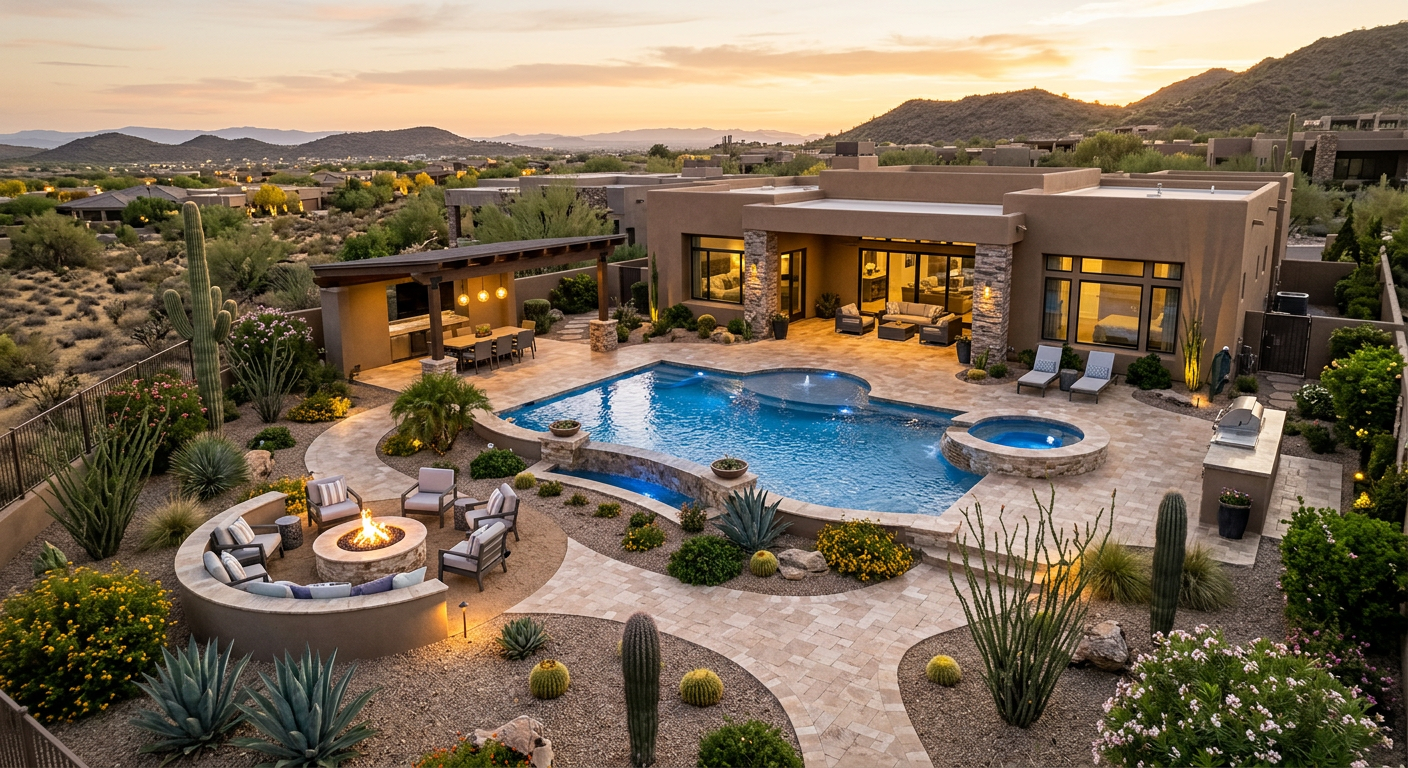 High End Backyard Design Ideas for Scottsdale Luxury Residences | Luxury Landscape Architecture Scottsdale & Phoenix | Waibel & Associates Photorealistic overhead view of a custom Scottsdale backyard plan coming to life, with a pool, shaded dining pavilion, fir...